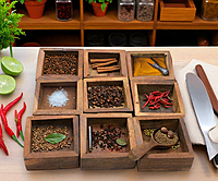 Wooden Masala Box with Glass Lid, 9 Compartments, Traditional Spice Storage Container