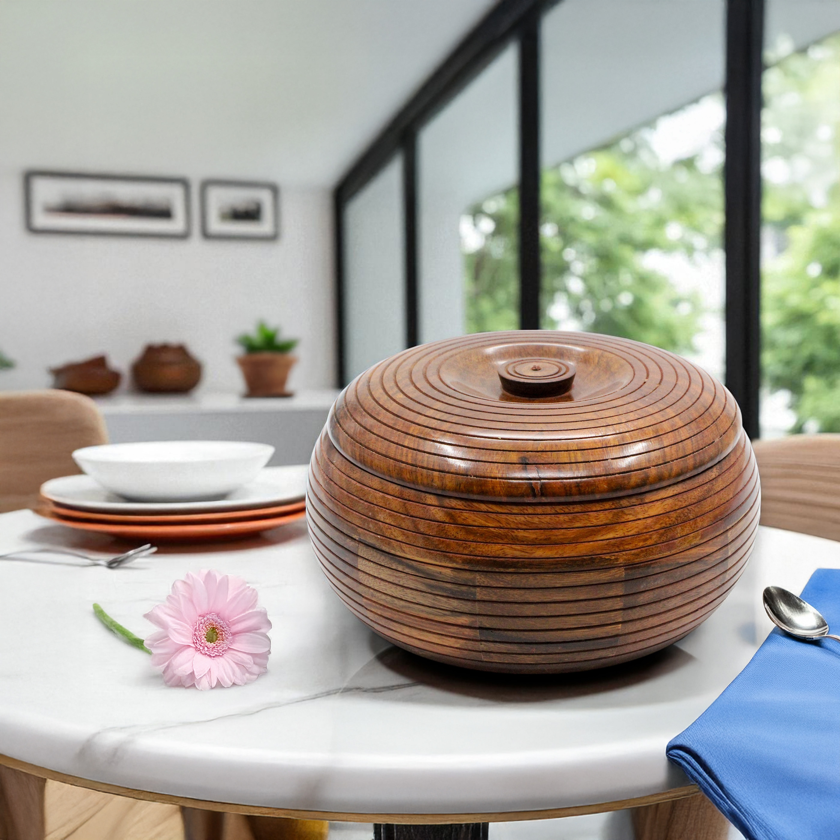 Wooden Roti Chapati Box with Lid, Round Storage Container, Brown, 23 x 23 x 11 cm