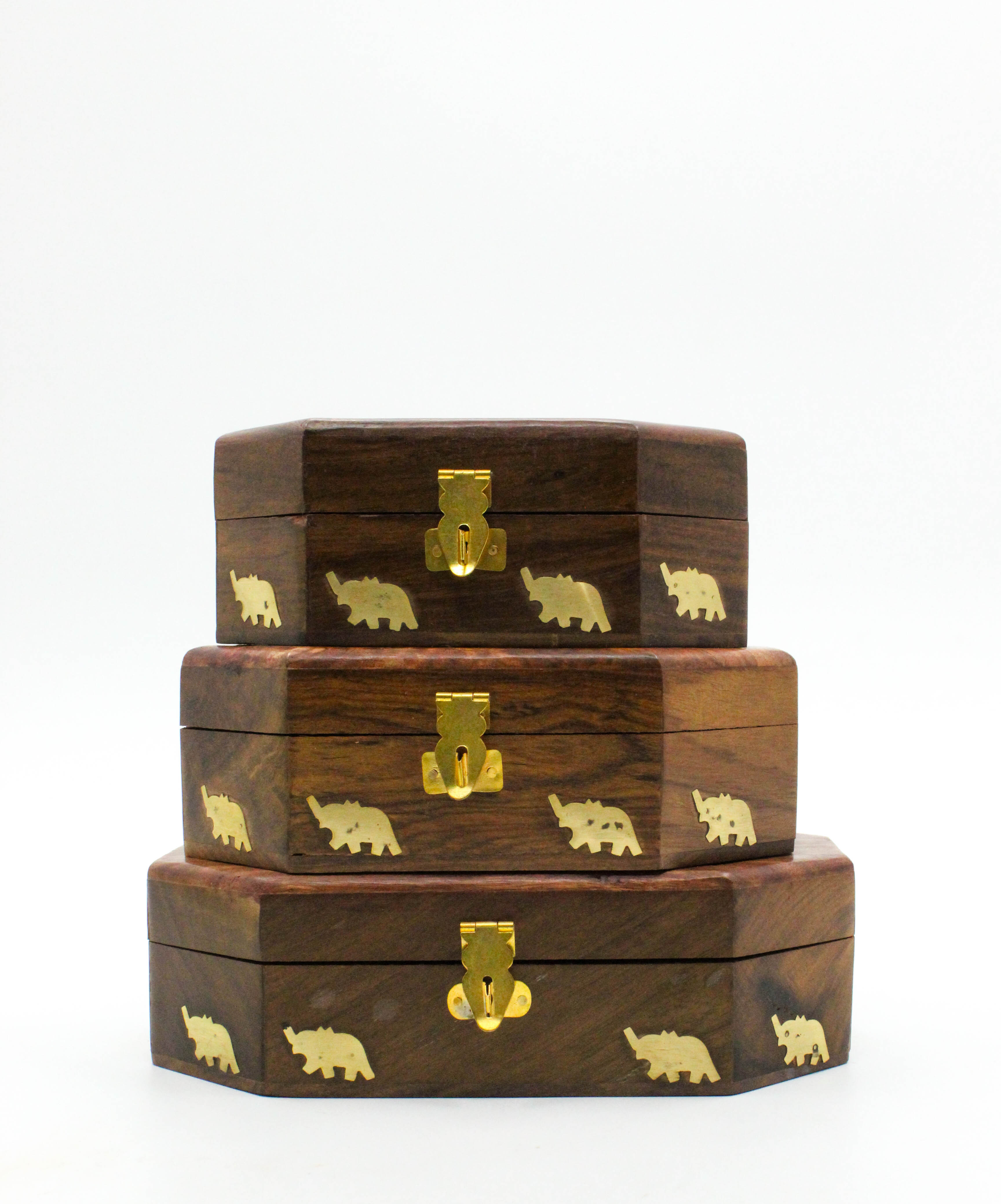 Decorative Wooden Storage Boxes with Elephant Design, Set of 3, Brown with Brass Latch