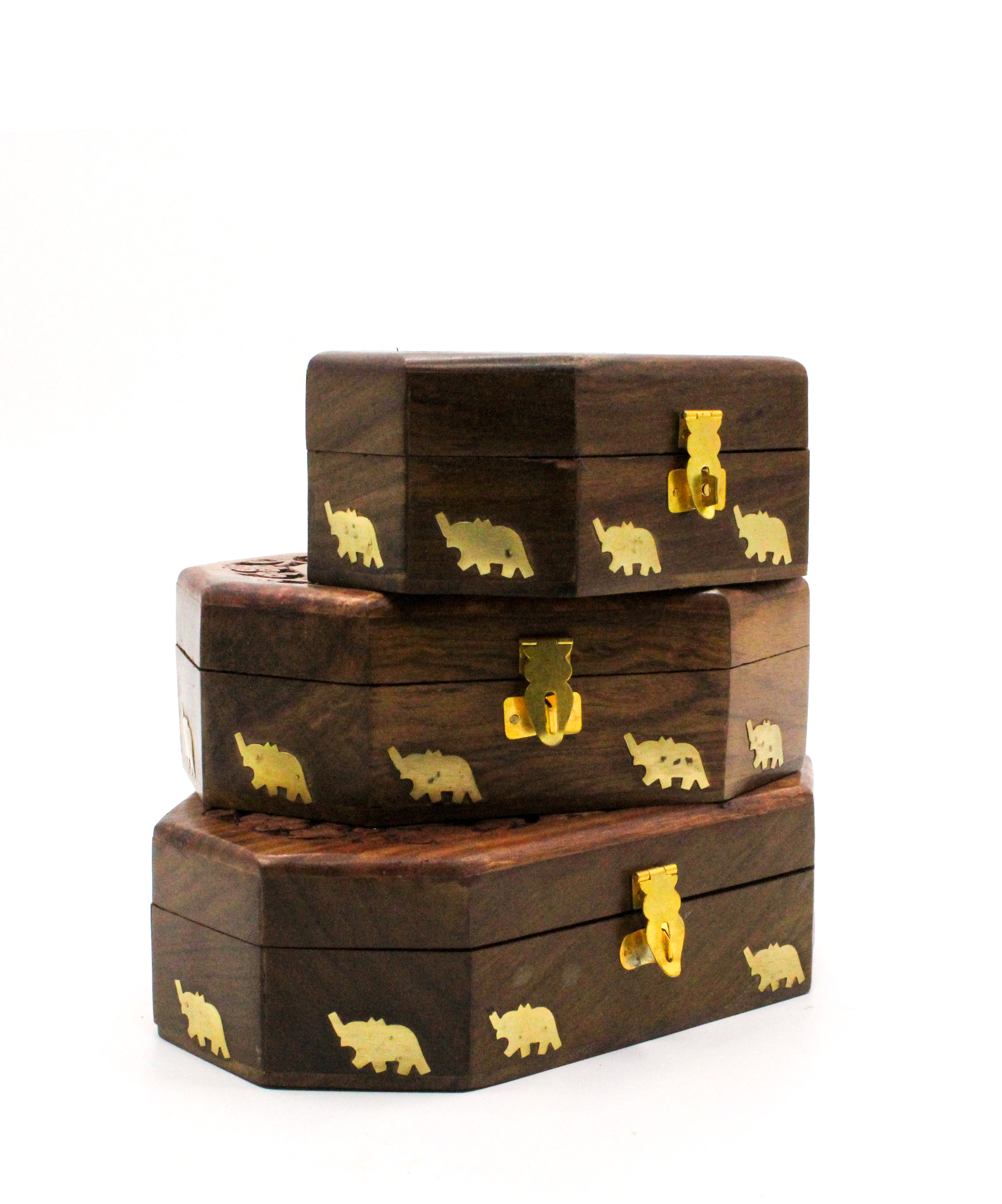 Decorative Wooden Storage Boxes with Elephant Design, Set of 3, Brown with Brass Latch