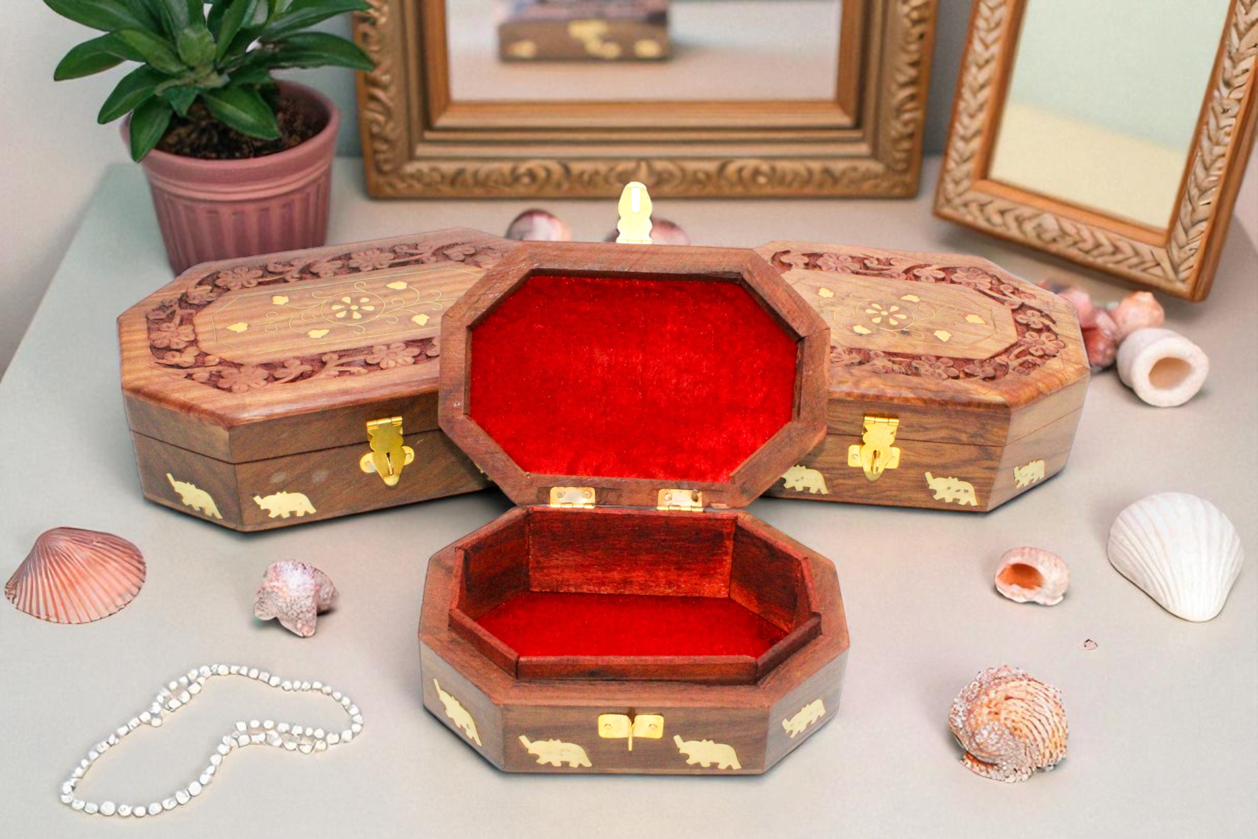 Decorative Wooden Storage Boxes with Elephant Design, Set of 3, Brown with Brass Latch