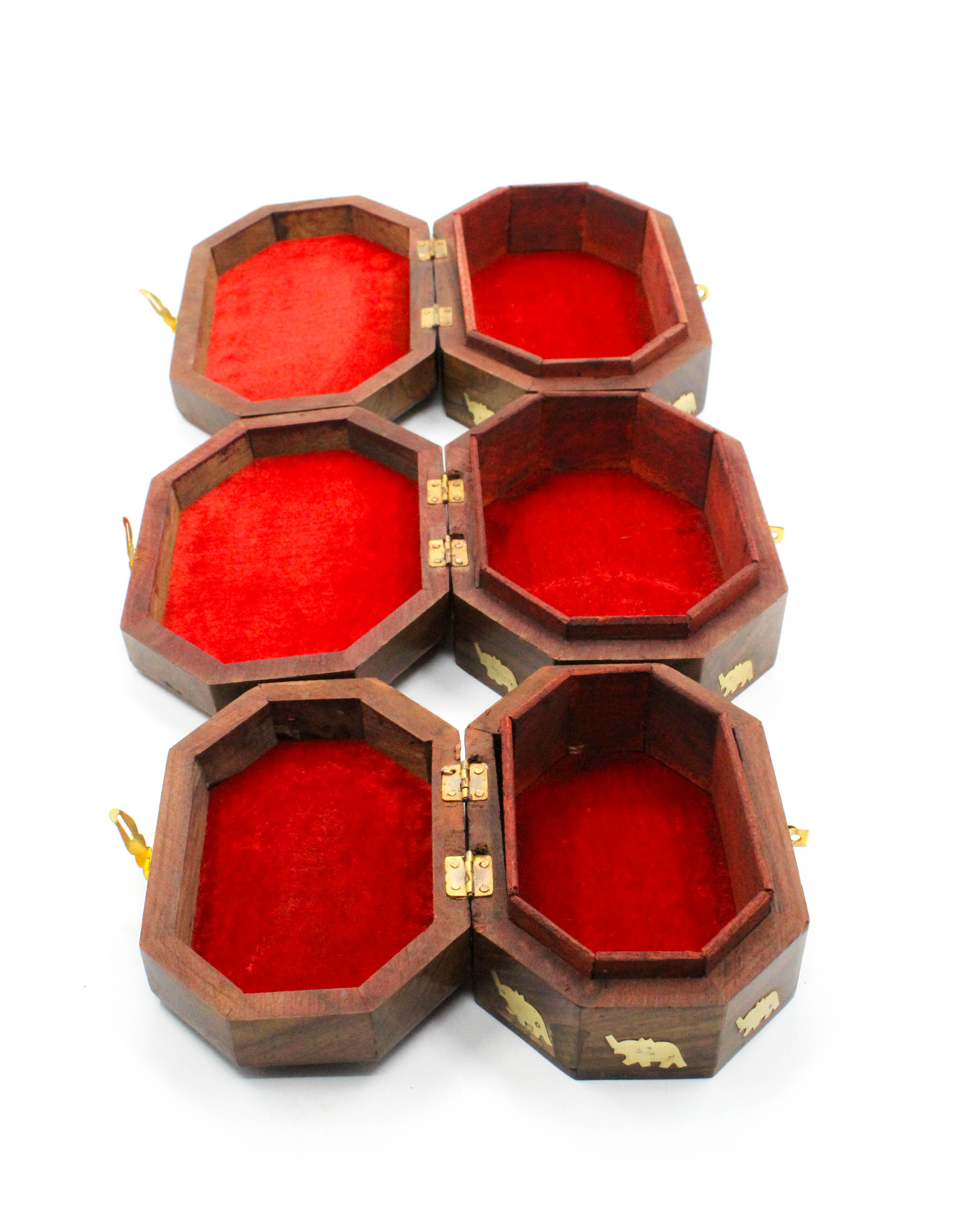 Decorative Wooden Storage Boxes with Elephant Design, Set of 3, Brown with Brass Latch