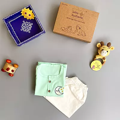 Organic Cotton Baby Boy Kurta Pajama Set (Green - Moon & Stars)