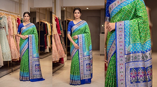 Kala Sanskruti Green Aqua Blue 3D Color Pure Banarasi Saree 6.5M Elegant Traditional Wear Graceful Pure Banarasi Saree Handcrafted Artistry for Woman