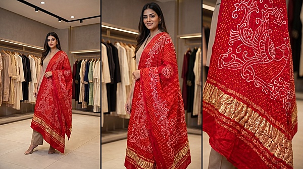 Kala Sanskruti All Over Red Color Gaji Silk Bandhani Dupatta 2.5M Elegant Traditional Wear Gaji Dupatta for Women