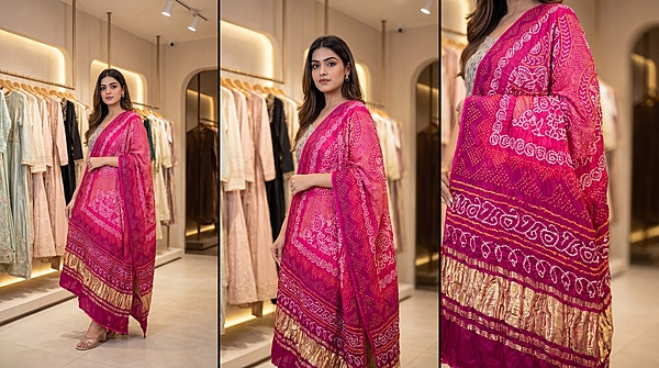 Kala Sanskruti Magenta & Pink Color Gaji Silk Bandhani Dupatta 2.5M Elegant Traditional Wear Gaji Dupatta for Women