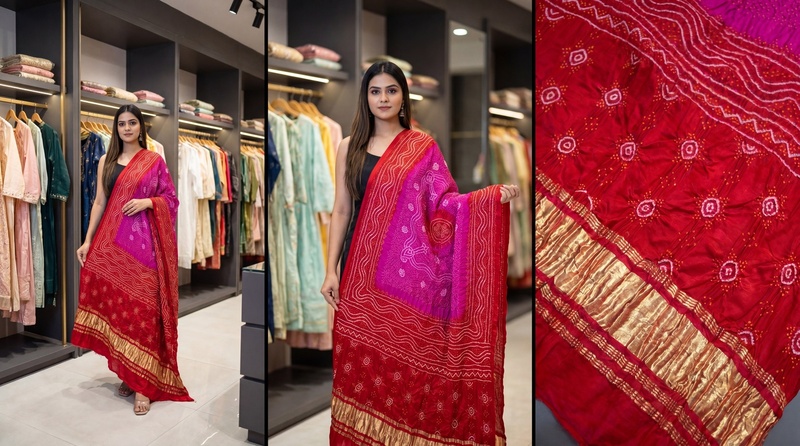 Kala Sanskruti Rani Pink & Red Color Gaji Silk Bandhani Dupatta 2.5M Elegant Traditional Wear Gaji Dupatta for Women