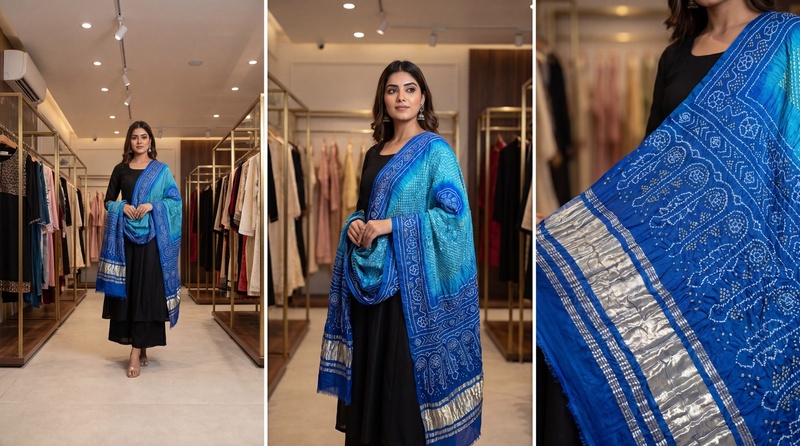 Kala Sanskruti Sky Blue & Blue Color Gaji Silk Bandhani Dupatta 2.5M Elegant Traditional Wear Gaji Dupatta for Women
