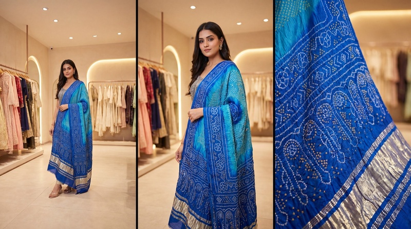 Kala Sanskruti Sky Blue & Blue Color Gaji Silk Bandhani Dupatta 2.5M Elegant Traditional Wear Gaji Dupatta for Women