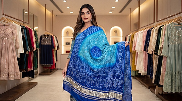 Kala Sanskruti Sky Blue & Blue Color Gaji Silk Bandhani Dupatta 2.5M Elegant Traditional Wear Gaji Dupatta for Women