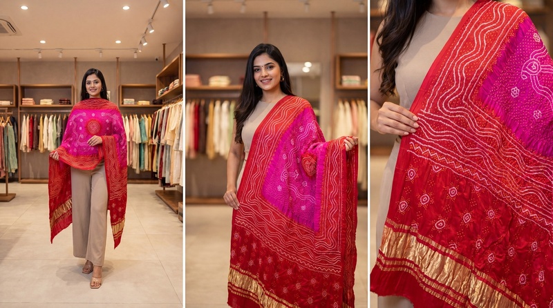 Kala Sanskruti Rani Pink & Red Color Gaji Silk Bandhani Dupatta 2.5M Elegant Traditional Wear Gaji Dupatta for Women