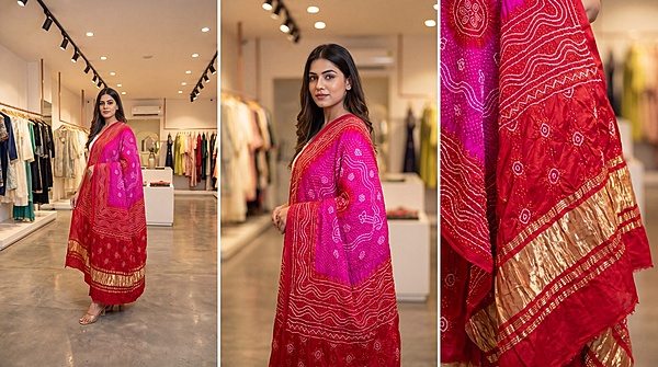 Kala Sanskruti Rani Pink & Red Color Gaji Silk Bandhani Dupatta 2.5M Elegant Traditional Wear Gaji Dupatta for Women