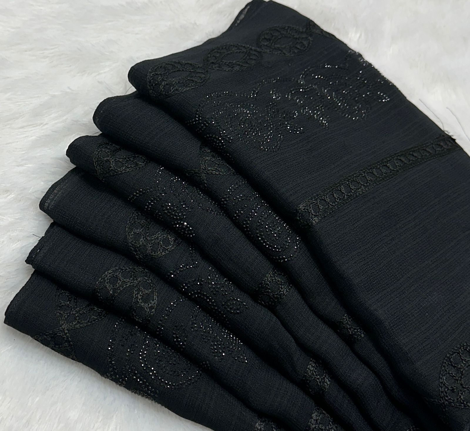 Elegant Black Cotton Hijab with Full Embroidery and Stone-Embellished Border