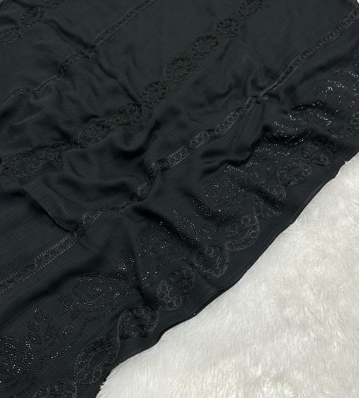 Elegant Black Cotton Hijab with Full Embroidery and Stone-Embellished Border