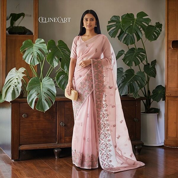Elegant Pink Floral Embroidered Saree