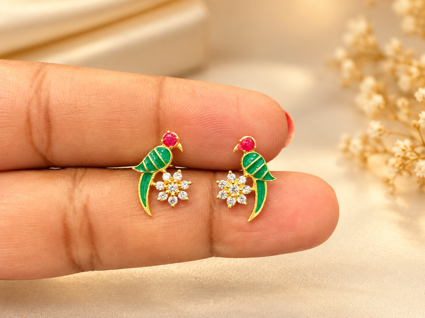 Silver parrot white stud with gold finish