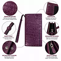 Empress Croc-Embossed Genuine Leather Long Wallet with Wristlet - Plum Purple