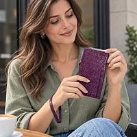 Empress Croc-Embossed Genuine Leather Long Wallet with Wristlet - Plum Purple