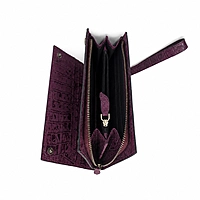 Empress Croc-Embossed Genuine Leather Long Wallet with Wristlet - Plum Purple
