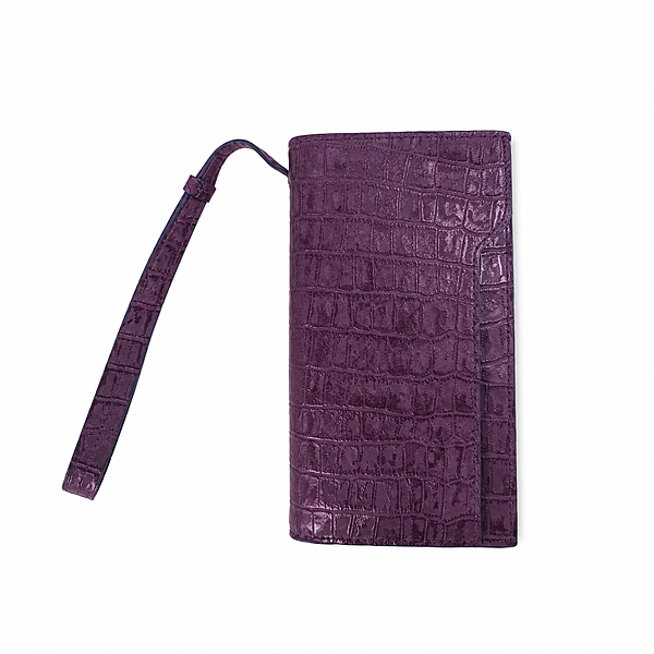 Empress Croc-Embossed Genuine Leather Long Wallet with Wristlet - Plum Purple