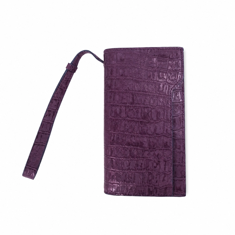 Empress Croc-Embossed Genuine Leather Long Wallet with Wristlet - Plum Purple