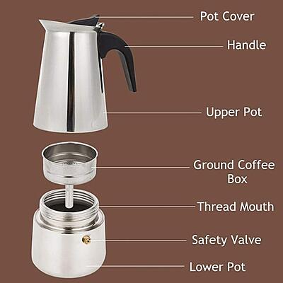 Granny Kitchen Stainless Steel Stovetop Espresso Maker, Moka Pot with Safety Valve,