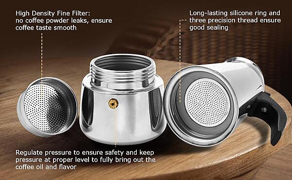 Granny Kitchen Stainless Steel Stovetop Espresso Maker, Moka Pot with Safety Valve,