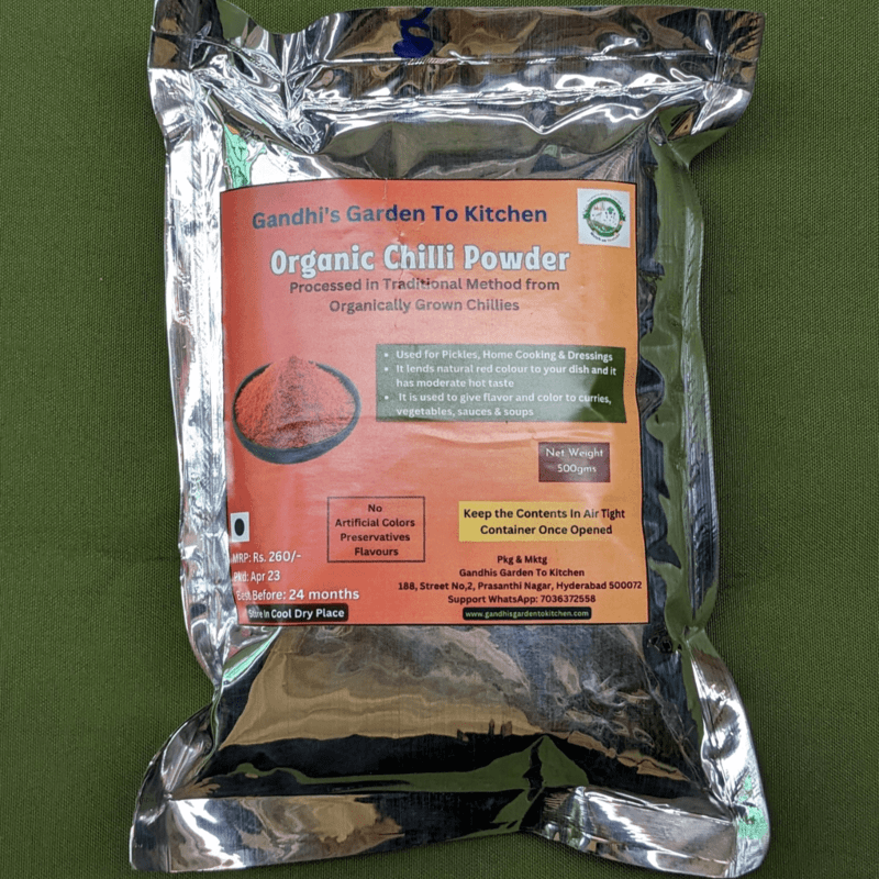 Organic chilli powder processed from Organically grown chillies 500gms