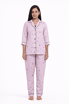 Women’s Lavender Cotton Suit Set | Printed Suit with Button-Down Shirt | Soft Comfortable Loungewear