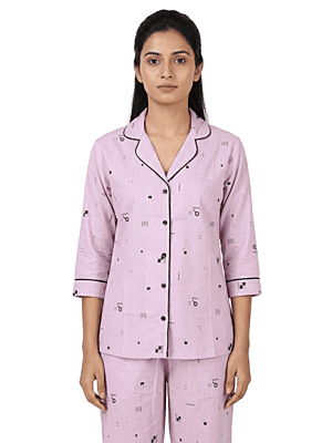 Women’s Lavender Cotton Suit Set | Printed Suit with Button-Down Shirt | Soft Comfortable Loungewear