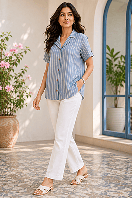 Women's Sky Blue Striped Relaxed Fit Shirt with Roll-Tab Sleeves Women's Sky Blue Striped Relaxed Fit Shirt with Roll-Tab Sleeves