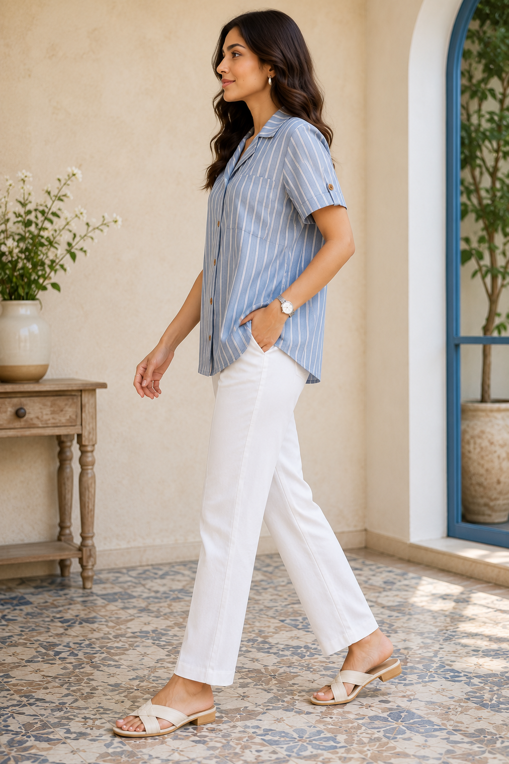 Women's Sky Blue Striped Relaxed Fit Shirt with Roll-Tab Sleeves Women's Sky Blue Striped Relaxed Fit Shirt with Roll-Tab Sleeves