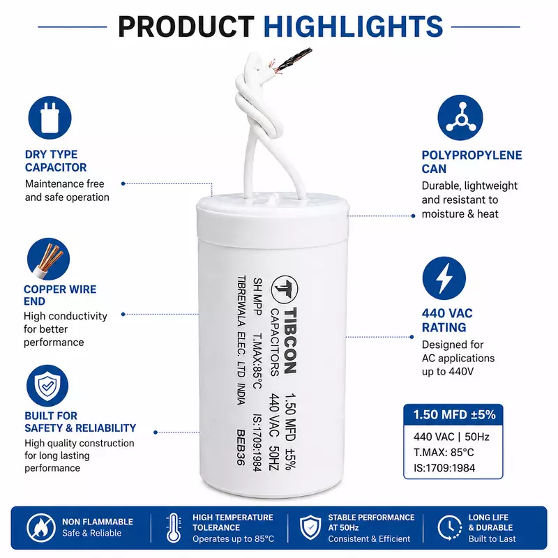 Tibcon 1.5 MFD Fan Capacitor | 440V | PP | Dry