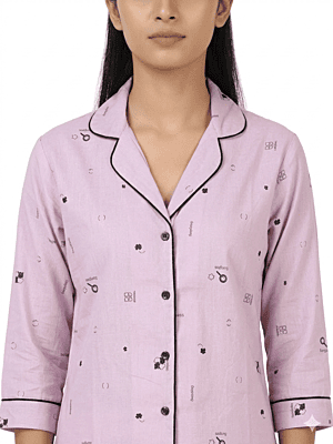 Women’s Lavender Cotton Suit Set | Printed Suit with Button-Down Shirt | Soft Comfortable Loungewear