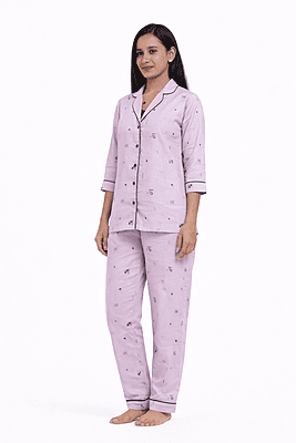 Women’s Lavender Cotton Suit Set | Printed Suit with Button-Down Shirt | Soft Comfortable Loungewear