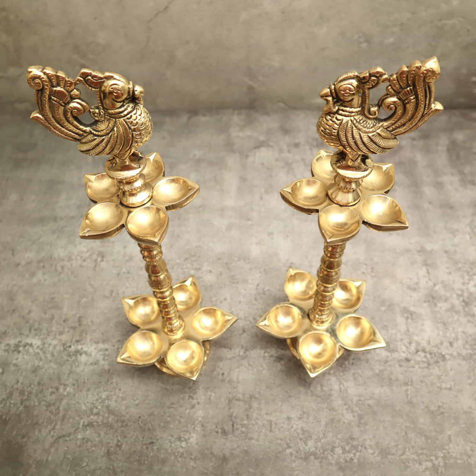 Brass Peacock Oil Lamp 10 Wick Diya Pair - 13 inch Height | Majestic Brass Peacock Oil Lamp with 10 Wicks for Illumination and Beauty