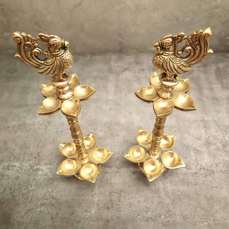 Brass Peacock Oil Lamp 10 Wick Diya Pair - 13 inch Height | Majestic Brass Peacock Oil Lamp with 10 Wicks for Illumination and Beauty