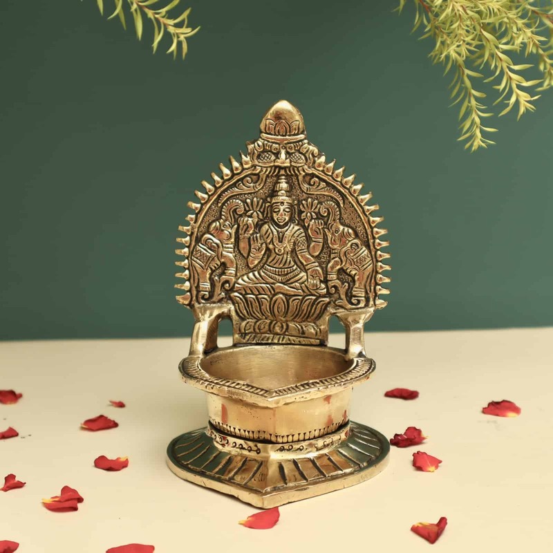 Brass Gaja Lakshmi Deepam/Lamp - 5.8 inch Height | Divine Brass Deepam/Lamp with Gaja Lakshmi Design for Auspicious Lighting