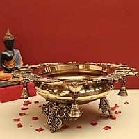 Brass Peacock Four Diya Urli Decorative Bowl - 6 inch Height | Brass Urli Decorative Bowl with Peacock Design and Four Diyas for Graceful Lighting