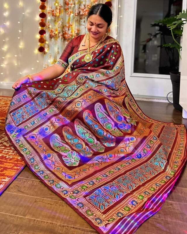 Garnet color pure katan silk revival Baluchari saree