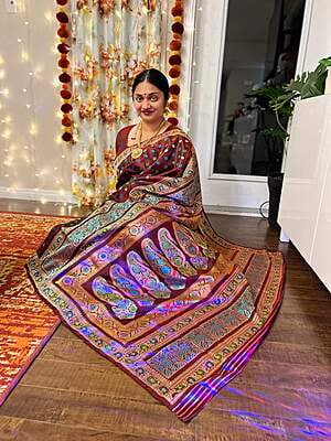 Garnet color pure katan silk revival Baluchari saree