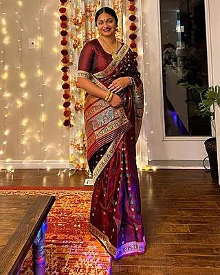 Garnet color pure katan silk revival Baluchari saree