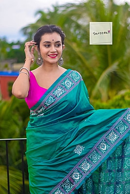 MorKanthi | Blue Green Dual Tone Katan Silk Saree with Aari Embroidery