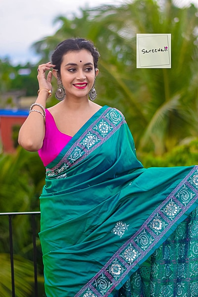 MorKanthi | Blue Green Dual Tone Katan Silk Saree with Aari Embroidery