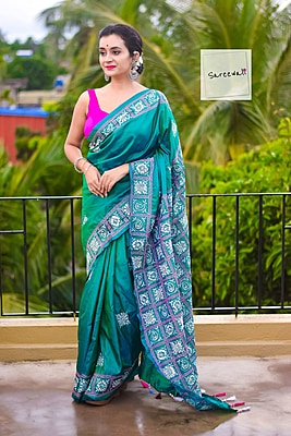 MorKanthi | Blue Green Dual Tone Katan Silk Saree with Aari Embroidery