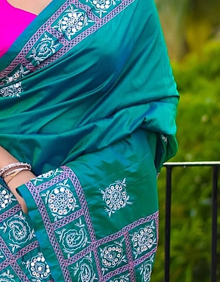 MorKanthi | Blue Green Dual Tone Katan Silk Saree with Aari Embroidery