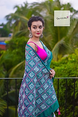 MorKanthi | Blue Green Dual Tone Katan Silk Saree with Aari Embroidery