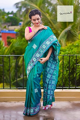 MorKanthi | Blue Green Dual Tone Katan Silk Saree with Aari Embroidery