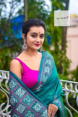 MorKanthi | Blue Green Dual Tone Katan Silk Saree with Aari Embroidery