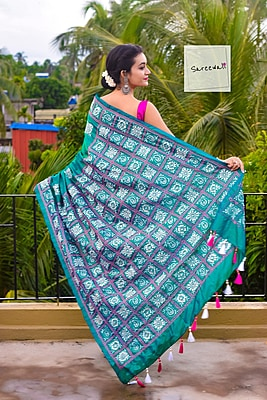MorKanthi | Blue Green Dual Tone Katan Silk Saree with Aari Embroidery